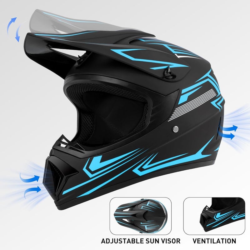 Spark DOT Approved Youth Motocross Helmet Kids Dirt Bike Helmets - Full Face, Lightweight & Breathable for Off-Road E-Bike BMX MX ATV (with Gloves Goggles Mask) 4Pcs Set, Black Blue, Medium(57-58cm) - Image 4